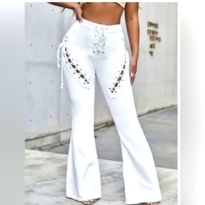 Lace up jeans stretchy white cutout